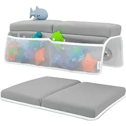 Comfortable Baby Bath Kneeler and Elbow Rest Pad Set - Memory Foam Baby Bath Pad with Bath Toys Organizer Pockets - Painless Bath Kneeling Pad for Bathing Baby - Quick Drying, Foldable, Non-Slip - Grey