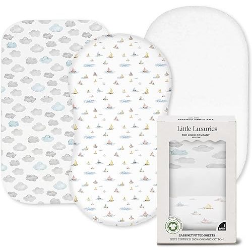 100% Organic Cotton Bassinet Sheets (3 Pack) - Best for Angelbliss & Snoo Bassinet Mattress - GOTS Certified - for Standard Oval & Rectangular Mattress - Percale Weave Soften with Each Wash (33"x17")