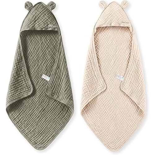 Momcozy Baby Towels, 6-Layer 100% Cotton Muslin Hooded Baby Towel Set for Newborn, Infant & Toddler, Soft Absorbent Baby Bath Essentials, Large 32 x 32 Inch