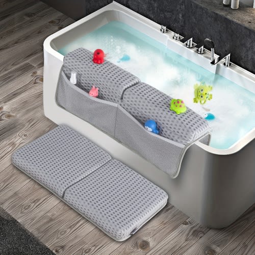 2pcs- Bath Kneeler And Elbow Rest Pad Set, 1.5'' Thick Quickly Dry Bathtub Kneeler Pad with Baby Toys & Bath Accessories Organizer, Bath Kneeling Pad And Elbow Pad for Baby Tub, Non-Slip Bath Mat