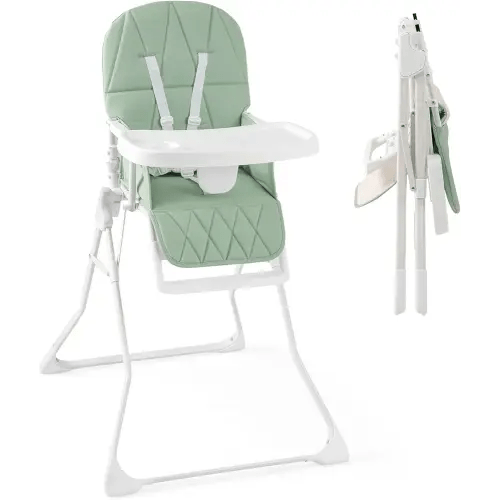 HONEY JOY High Chair, Foldable Baby Feeding Chair, Adjustable Tray & Footrest, Removable Easy-to-Clean PU Seat Cushion, 5-Point Harness, Cup Holder, Highchairs for Babies and Toddlers (Green)