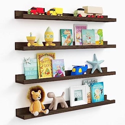 Forbena Rustic Farmhouse Picture Ledge Shelf 36 Inches Long Set of 4, Floating Photo Shelves for Wall with Lip, Wooden Picture Shelf for Living Room, Bedroom, Office Wall Decor (Dark Brown)