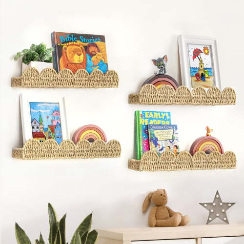 Sunlit Scalloped Nursery Bookshelf, Set of 4, Picture Ledge Shelf for Wall Decor, Woven Straw Paper Floating Shelves for Books, Toys, Photo Frames, Nursery, Boho Modern Farmhouse Book Shelf