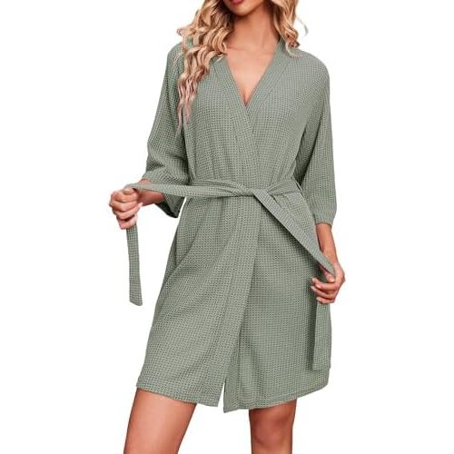 Ekouaer Robes for Women Waffle Knit Bathrobe Soft Lightweight Knee Length Loungewear S-XXL