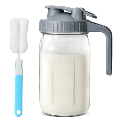 32 oz Breast Milk Pitcher, glass pitcher with lid, Heavy Duty Wide Mouth Jar with Flip Cap Lid and Pour Spout, Mason Jar