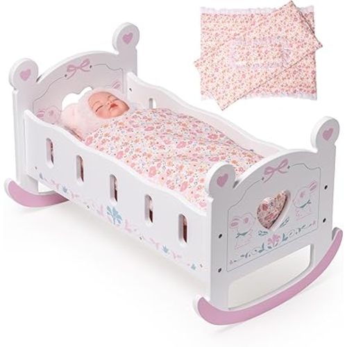 ROBOTIME Wooden Baby Doll Crib, Doll Cradle Bed for 18-24 Inch Dolls, Baby Doll Crib Set with Blanket and Pillow, Toy Doll Bed for Girls Ages 3+