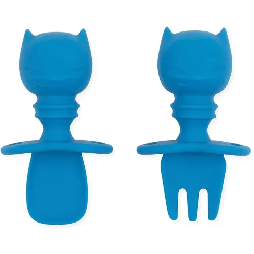 Bumkins Baby Utensils Set, Chewtensils Silicone Spoons for Dipping, Self-Feeding, Baby Led Weaning, Trainer Learning, First Stage Eating, Soft Practice Fork and Spoon, 6 Months, Batman Blue