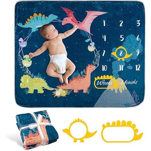 Whaline Baby Monthly Milestone Dinosaur Theme Blanket - Newborn Photography Prop, Flannel Nap Mat Backdrop With 2 Frames, Cartoon Growth Photo Mat for Girl Boy Shower Gift, 50 x 40