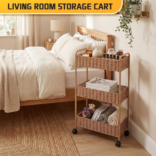 FOCHIER F Utility Slim Storage Cart,3-Tier Rolling Kitchen Office Laundry Room Cart,Mobile Shelving Unit Organizer for Living Room Bathroom Baby Diaper Narrow Places (Natural, 3 Tiers-7.1 inch (W))