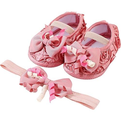 Baby Shoes with Hair Band Fashion Soft Soled Toddler Shoes Versatile Dress Flower Princess Shoes Baby Shoes Size 3 (Hot Pink, 4.5 Infant)