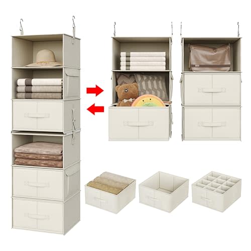 Vailando 6-Shelf Hanging Closet Organizer, 2 Separable 3-Shelf Hanging Shelves with 3 Drawers for Wardrobe, Nursery, Baby Clothes Organization and Storage, Beige