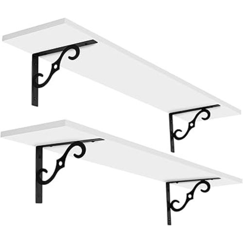 DINZI LVJ Long Wall Shelves, 31.5 Inch Large Floating Shelves Set of 2, Wide Display Shelf Wall Mounted with Brackets, Easy Hanging for Living Room, Toilet, Office, Bedroom, White