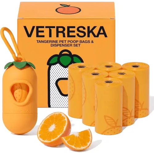 VETRESKA Dog Poop Bags Dispenser with Citrus Scented Waste Bags, Leak Proof, Extra Thick and Large Pet Poop Bags for Walking Dog, Cats Litter and Babies' Diaper 1 Count Holder and 105 Bags, Orange