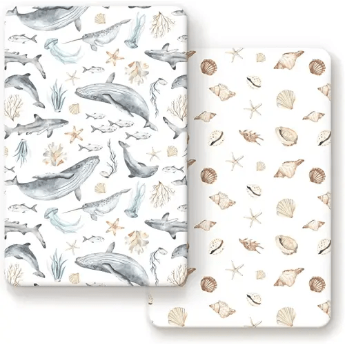 GRSSDER Stretchy Super Soft Jersey Knit Fitted Pack n Play Sheets Set 2 Pack,Portable/Mini Crib Sheets Snug and Safe,Beautiful Marine Organism for Boys and Girls
