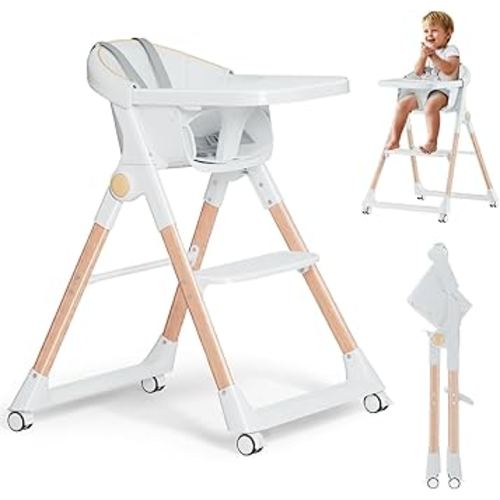 Baby High Chair, High Chairs for Babies and Toddlers, Convertible Folding High Chair with Removable Tray 5 Point Harness Footrest Detachable PU Cushion, Portable Highchair for Baby Toddlers