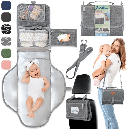Portable Changing Pad for Baby, Travel Diaper Changing Pad for Newborn, Large Waterproof Baby Changing Mat, Foldable & Detachable Diaper Changing Station with Baby Wipes Pockets, Baby Stuff by Pillani