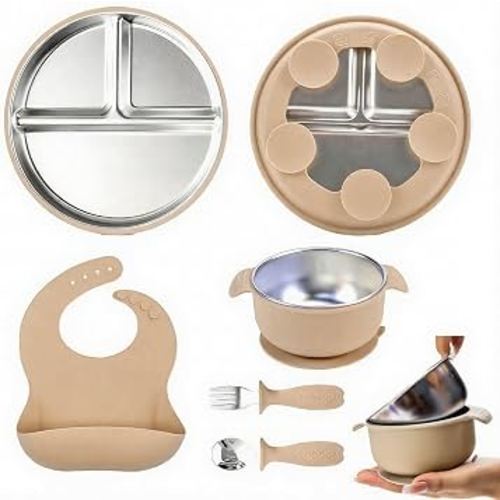 Stainless Steel Baby Feeding Set 5Pcs (Beige) | with Spoon, Fork, Bib, Plate, Bowl, Easy to Clean, Removable Silicone Suction Base, Weaning Tableware for Toddlers & Kids : Amazon.com.au: Baby