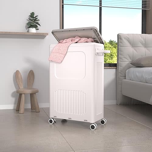 HAIXIN HOME Slim Laundry Hamper with Lid, 50L Rolling Small Laundry Basket with Handles, Skinny Dirty Clothes Basket, Narrow Laundry Cart for for Bathroom, Bedroom, Laundry Room & Dorm