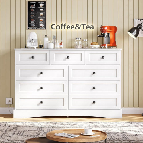 Winston Porter Bedroom Dresser With 9 Drawers, 51.2‘’ Long Dresser Tv Stand With Charging Station, Farmhouse Dresser Chest Of Drawers, Large Wood Storage Tower Organizer Dresser For Bedroom, Living Room & Reviews | Wayfair