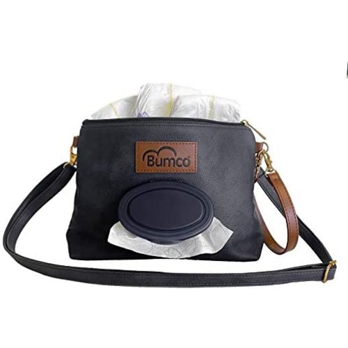 Bumco Crossbody Diaper Clutch Bag -Vegan Leather; Lightweight; Refillable Wipes Dispenser; Portable Changing Kit (Black)