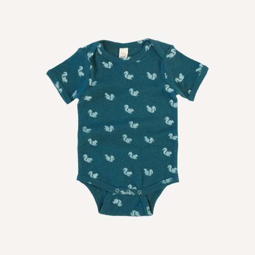 short sleeve lap neck bodysuit | blue tiny squirrel | organic cotton pointelle