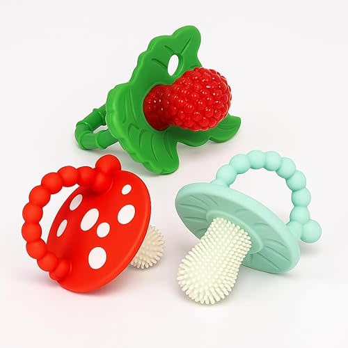 RaZbaby Teether Bundle – Chompy 2-Pack & Red RaZberry Pacifier for Babies 3M+, BPA-Free, Freezable, Sensory Teething Relief, Hands-Free, Easy to Hold, Soft Silicone – Great Baby Gift Set