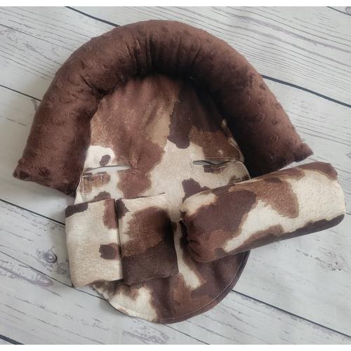 Suede Cow Baby Carseat Cover Bundle Set, Infant Car Seat Cushions, Infant Head Support Pillow, Arm Cushion, Infant Strap Covers