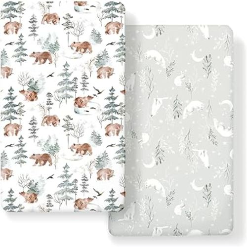 Stretchy Ultra Soft Jersey Knit Fitted Crib Sheets Set 2 Pack,Fit All Standard Crib Mattress Pads Safe and Snug, Stylish Pattren of Bear and Wolf Print