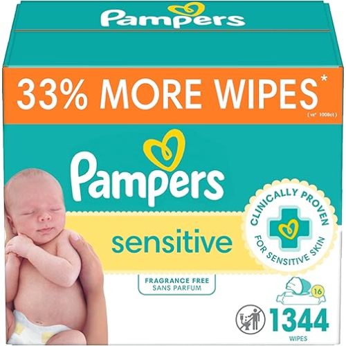 Pampers Sensitive Baby Wipes, Water Based, Hypoallergenic and Unscented, 16 Flip-Top Packs (1344 Wipes Total)
