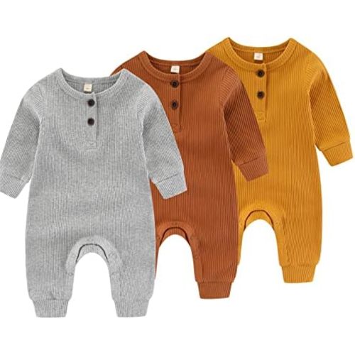 Newborn Baby Boys Girls One Piece Romper With Mitten Cuffs 3 Pack Long Sleeve Ribbed Button Jumpsuit Outfit Clothes