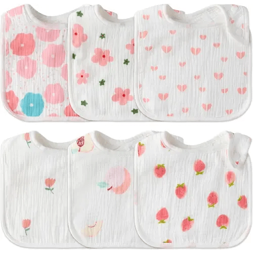 Zainpe 6Pcs Snap Muslin Cotton Baby Bibs Flowers Strawberry Patterns Infants Drooling Bib Soft Absorbent Adjustable Feeding Burp Cloths for Newborns Boy Girl Toddlers Teething Eating 0 to 36 Months