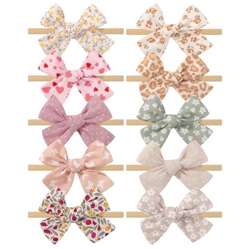 doboi 10PCS Baby Girls Headbands Hair Bows Nylon Linen Hairbands Handmade Hair Accessories for Newborn Infant Toddlers Little Girl and Kids 3.5Inches