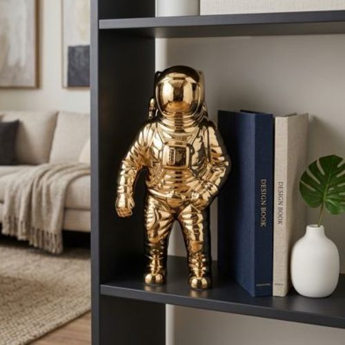 Ceramic Astronaut Statue Figurine for Home Decor - Decorative Sculpture for Bathroom, Office, and Living Room -12", Gold & Metallic