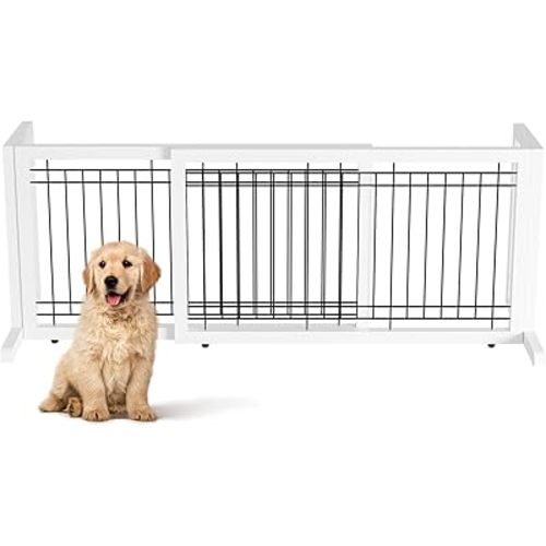 Bonnlo Free Standing Dog Gate, 37" - 68" Wide Pet Gate for Fireplace Stairs Doorways, Wooden Adjustable Pet Fence Indoor, Christmas Tree Gate (White)