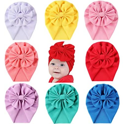 Cinaci 8 Pack Solid Knotted Bowknot Big Hair Bow Beanie Turban Hats Caps Wide Headwraps for Baby Girls Infants Toddlers Little Kids
