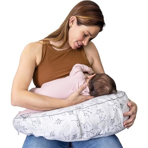 Boppy Uplift Nursing Pillow - Wedge Bottle & Breastfeeding Pillow to Reduce Spit-Up and Reflux Symptoms, with Body-Inclusive Opening and Belt, Baby Safety Alliance Verified - Gray Gentle Leaves