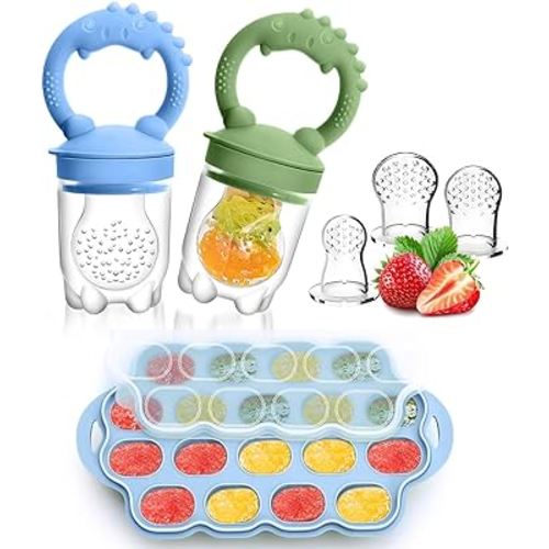 Silicone Baby Fruit Feeder & Breastmilk Popsicle Molds Freezer Tray with Lid, 2 Pack Baby Food Feeder to Teething Relief, Introduce New Foods, Self Feeding, Includes 6 Food Pacifiers (Blue+Green)