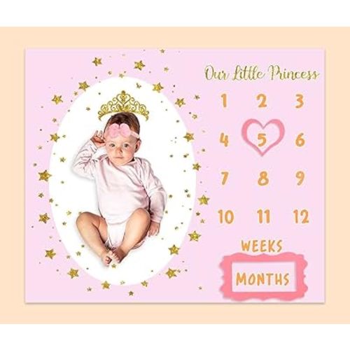 Monthly Milestone Blanket for Baby Girl, 48"x40" Soft Flannel Pink Princess Memory Growth Blanket, Photography Backdrop Prop for Newborn Baby Shower, 1 to 12 Months Include Marks BTLSPH819