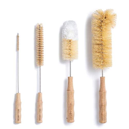 4Pcs Long Handle Bottle Cleaning Brush Set by HELLO NATURE, Sustainable & Biodegradable Natural Fibre Bamboo Handle Brushes Zero-Waste & Plastic Free