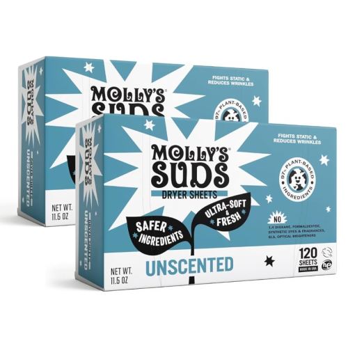 Molly's Suds Fabric Softener Dryer Sheets for Sensitive Skin | Plant-Based Static Reducer, Plastic-Free Packaging | Bundle of 2, Unscented (240 Sheets Total)