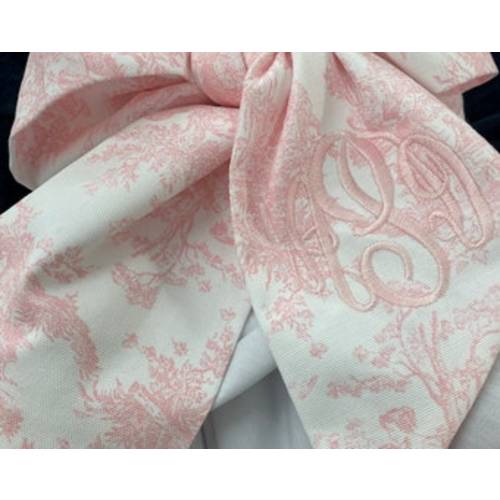 Monogrammed Newborn Baby Pink Toile Bow Sash