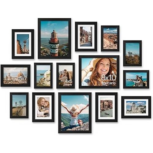 Vittanly 15 Pack Picture Frames Collage Wall Decor for Mounting or Tabletop Display, Gallery Frame Set for Family, Multi Sizes Including 3pcs 8x10, 6pcs 5x7, 6pcs 4x6, Black