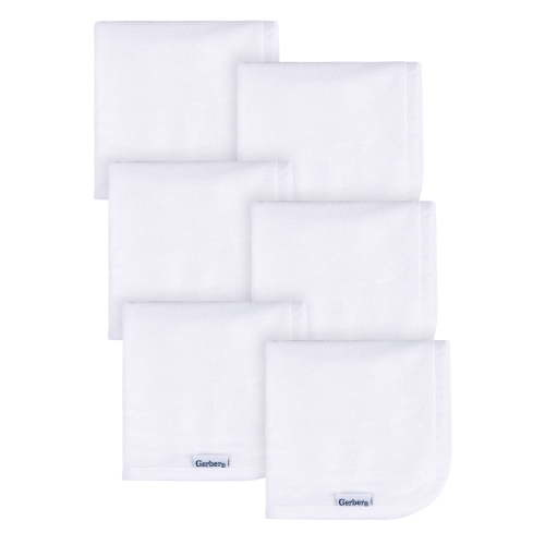 Gerber Baby Boy or Girl Unisex White Washcloths, 6-Pack, One Size