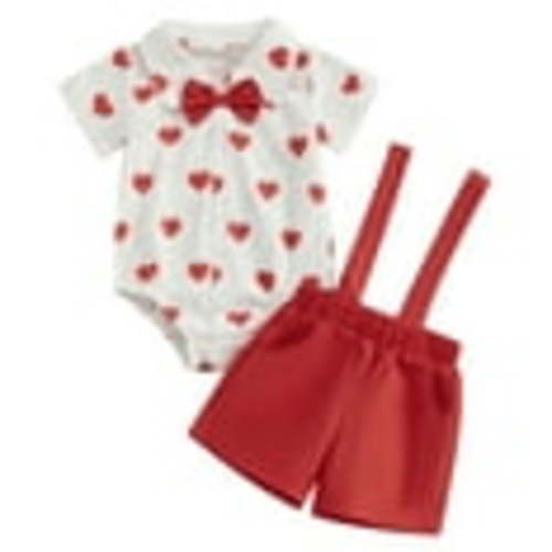Bagilaanoe 2Pcs Newborn Valentine's Day Outfits Baby Boys Overalls Shorts Set Heart Short Sleeve Shirt Tops with Bow Tie + Suspender Short Pants 3M 6MM Infant Summer Gentleman Formal Clothes