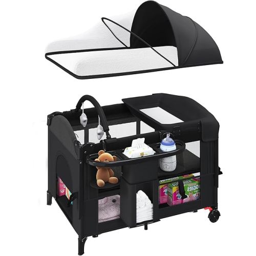 5-in-1 Baby Bassinet Bedside Sleeper with Swing Tube Converts to Cradle, Baby Crib with Mattress, Detachable Diaper Changer, Mosquito Net and Toy - Black