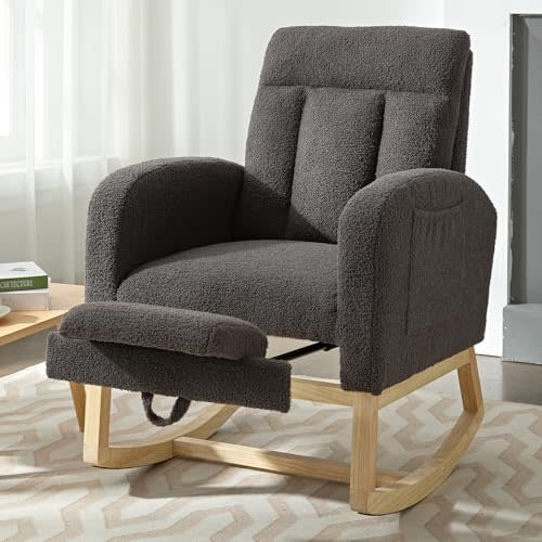 NIOIIKIT Modern Nursery Rocking Chair, Teddy Upholstered Rocking Chair with Footrest, Comfortable Rocker Chair with Side Pocket, Rocker Chair for Living Room, Bedroom, Nursing Room (Dark Grey)