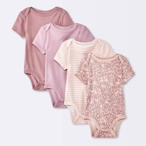 Baby Girls' 4pk Floral Short Sleeve Cotton Bodysuit - Cloud Island™ Pink, Size: 0-3M