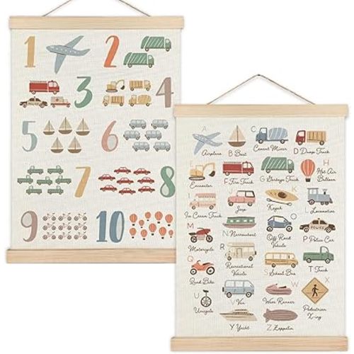 RYYCDOI Nursery Wall Decor, Transportation Alphabet Numbers Learning Wall Art Poster, Vehicle ABC 1-20 Educational Posters for Classroom Kids Nursery Room Playroom, 12x16 Inches Set of 2