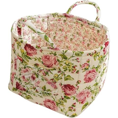 Quilted Fabric Storage Basket with Handles – Boho Foldable Floral Organizer Bin for Home, Picnic, Shopping, Travel 13"x11"x10" (Garden Mix)