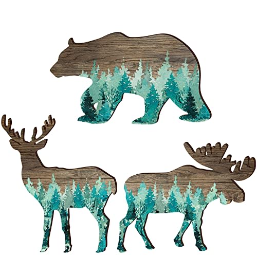 Woodland Nursery Decor Bear Elk Wood Animal Cabin Wall Decor Trio Wildlife Hanging with Deer and Moose Rustic Woodland Animal Christmas Decorative Signs Set of 3
